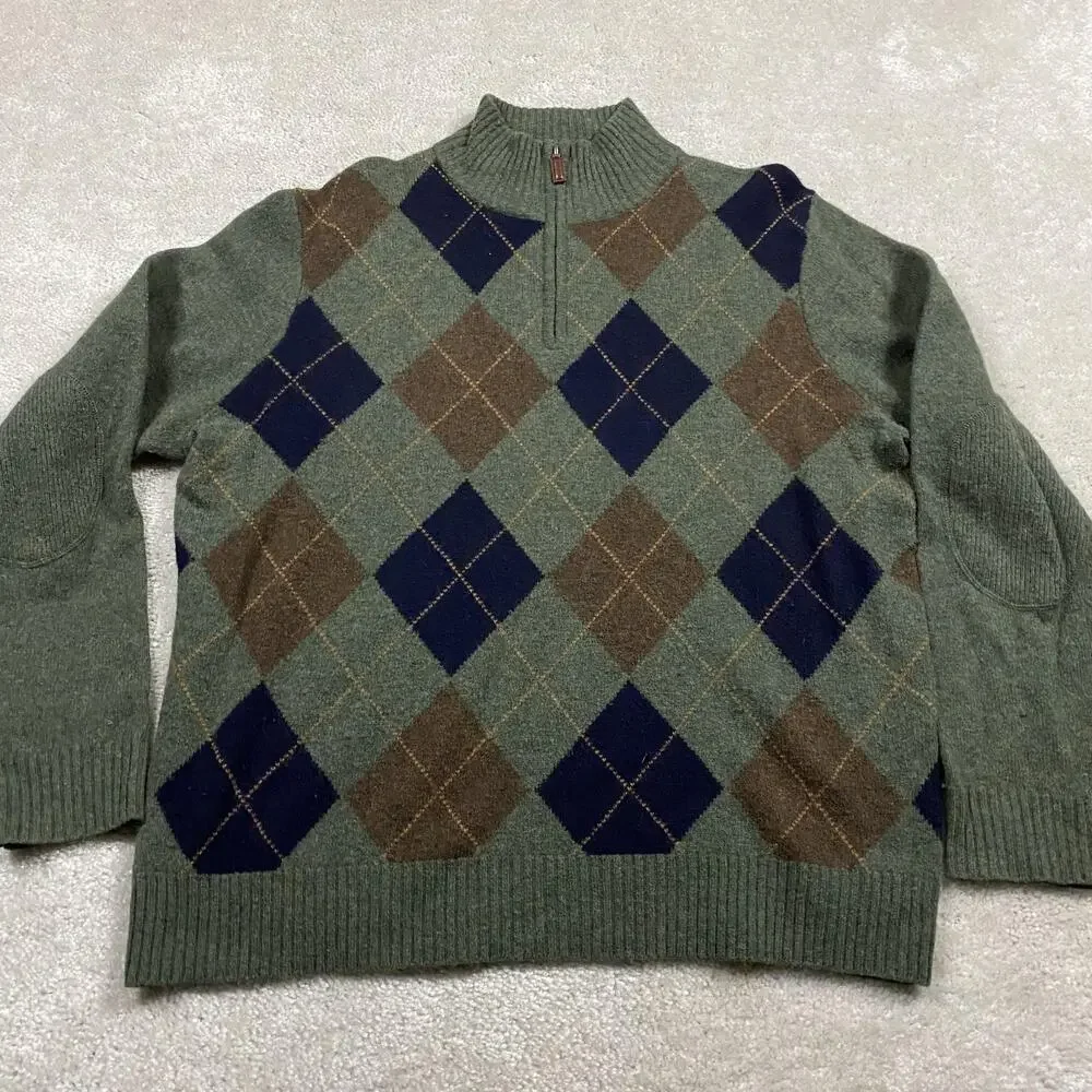 J Crew Sweater Mens XL Green Lambswool Argyle 1/4 Zip Mock Neck Elbow Patches